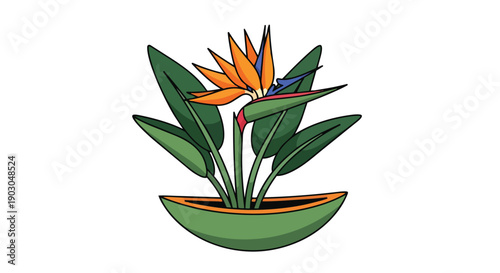 Vibrant tropical plant illustration showcasing a striking bird of paradise flower with its unique orange and blue petals thriving beautifully within