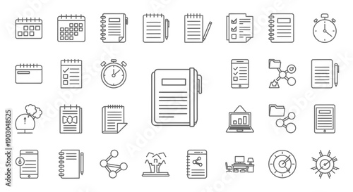 Set of various business and document related icons in line style.