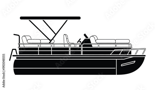 Black and white illustration of a pontoon boat with canopy