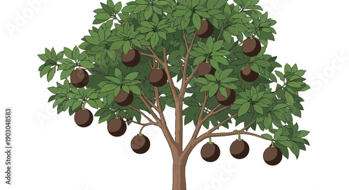 Lush botanical illustration of an abundant fruit-bearing tree showcasing verdant foliage and numerous spherical dark brown fruits depicted against a