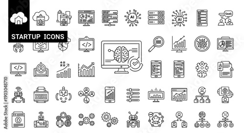 Collection of various startup and business concept icons in black and white.