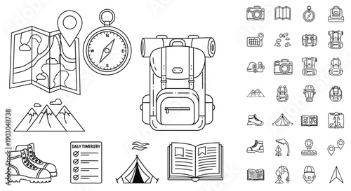 Line art icons representing hiking and outdoor adventure equipment and activities.