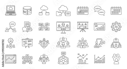 Set of business and communication line icons representing various office and teamwork concepts.