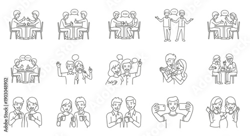 Set of black and white line art illustrations showing people taking selfies and group photos in various poses.