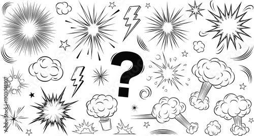 Black and White Comic Book Effect Illustration Set Featuring Explosion Bursts, Smoke Clouds, Lightning Bolts, Action Stars, and a Large Central Question Mark