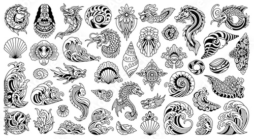 Collection of intricate black and white sea creature and shell illustrations with decorative patterns.