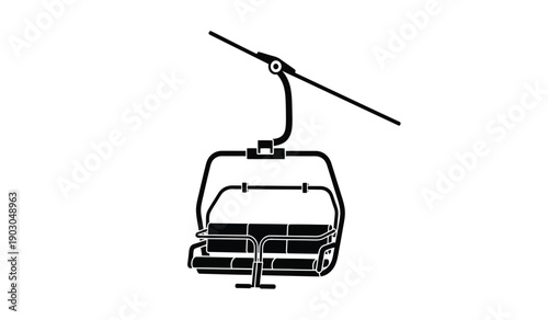 A black and white illustration of a ski lift chair on a cable