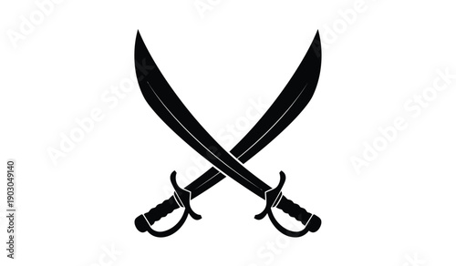 Two crossed swords with handles and blades in a striking black silhouette
