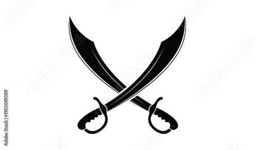 Two crossed pirate swords with handles and blades in a striking black silhouette