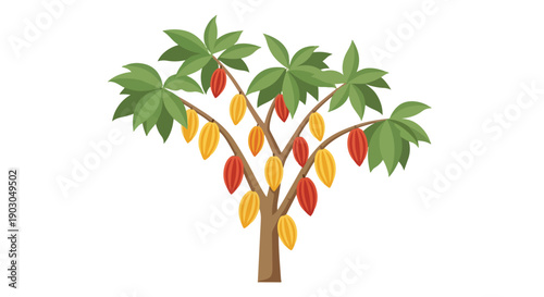 Vibrant illustration of a bountiful cacao tree showcasing numerous ripe yellow and red pods ready for harvest a tropical agricultural delight