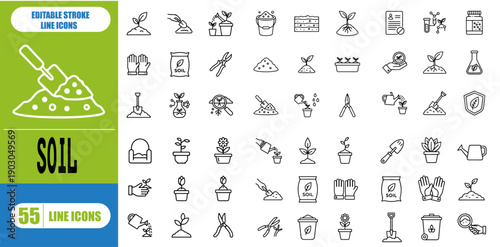 Soil Outline Icon Set – Agriculture, Farming, Ground, Earth, Land, Fertility & Environment Editable Stroke Vector Illustration