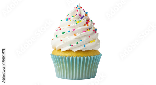 Delicious cupcake with vanilla frosting and colorful sprinkles isolated PNG, sweet treat for birthdays and celebrations