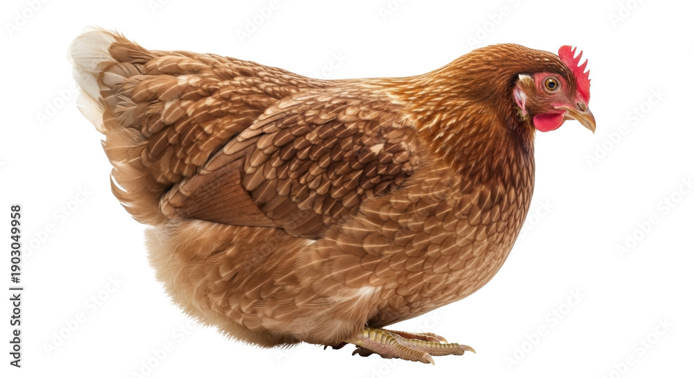 Fototapeta premium Brown hen isolated PNG on transparent background, domestic fowl with red comb and wattle for poultry farming and food production