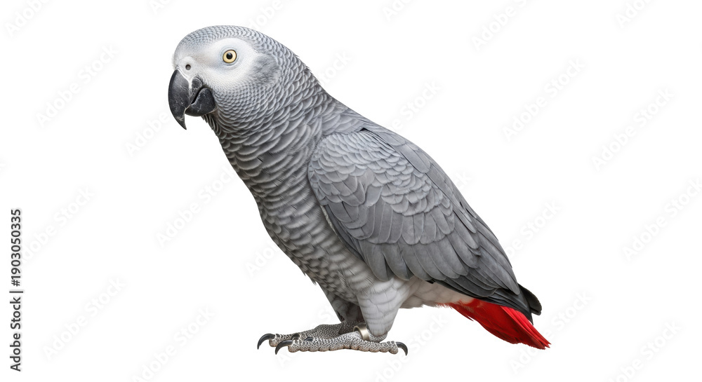 Fototapeta African grey parrot PNG isolated on transparent background, beautiful bird with grey feathers and red tail, exotic pet for design use