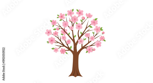 Vibrant pink cherry blossoms adorn a charming illustrative tree symbolizing spring's gentle awakening and natural beauty