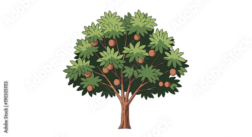A vibrant, stylized cartoon fruit tree, lush with diverse green foliage and abundant ripe brown fruits, a perfect illustration for natural growth