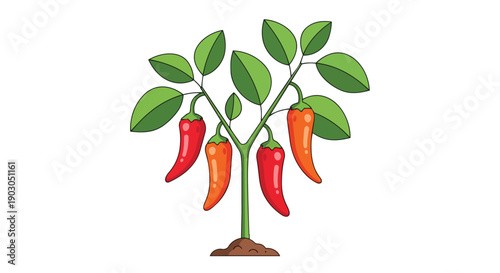A vibrant illustration of a chili pepper plant with colorful fruits and fresh green leaves rooted in earth.
