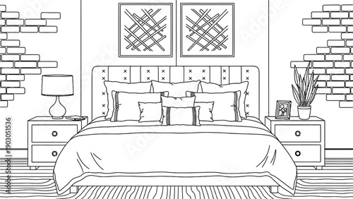 Stylish bedroom with a bed centered between two nightstands. A modern lamp and a plant add decor. Abstract art and brick-patterned walls frame the scene.