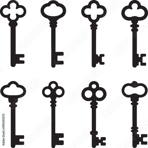 Eight black antique skeleton keys on white background
