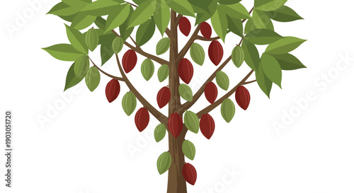 Illustration of a vibrant cocoa tree adorned with ripening pods and lush green leaves against a pristine white background