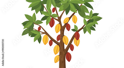 Vibrant cocoa tree illustration showcasing a bountiful harvest of ripening pods