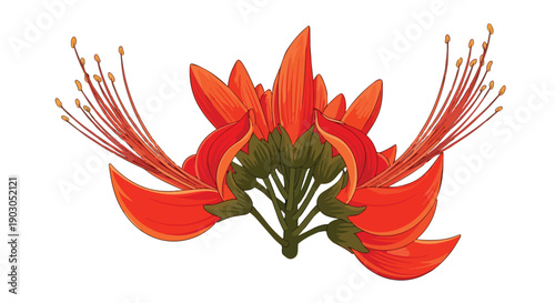 Vibrant tropical bloom illustration with detailed petals and radiating golden stamens captivating botanical art