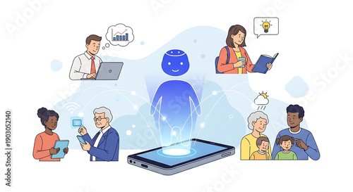 People of different ages and ethnicities interacting with ai technology on various devices