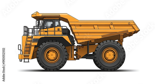 Large yellow mining dump truck with black tires on white background for industrial and construction concepts