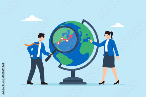 Flat illustration of businessman and businesswoman analyzing global market growth using magnifying glass on world globe representing international business strategy data insight