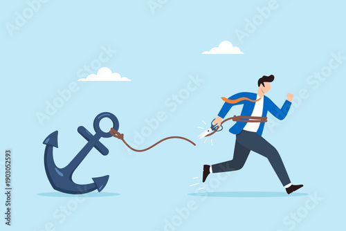 Flat illustration of businessman cutting rope tied to heavy anchor while running forward representing breaking free from limitation removing constraint personal freedom independence