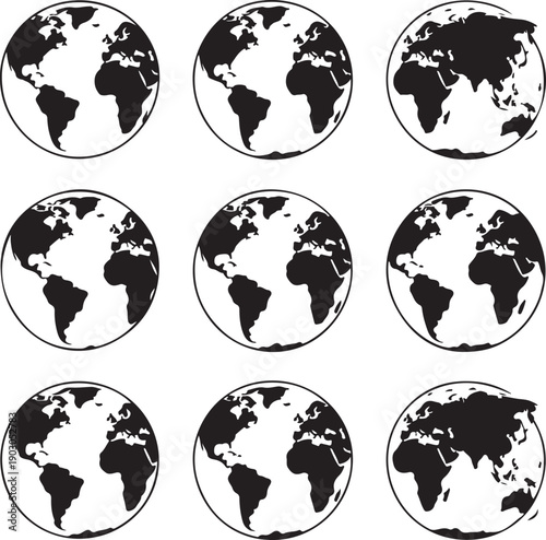 set of black and white earth globe icons from different angles  world map silhouettes