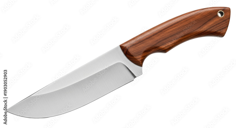 Obraz premium Hunting knife with wooden handle isolated PNG, sharp blade for camping, survival, and outdoor activities on transparent background