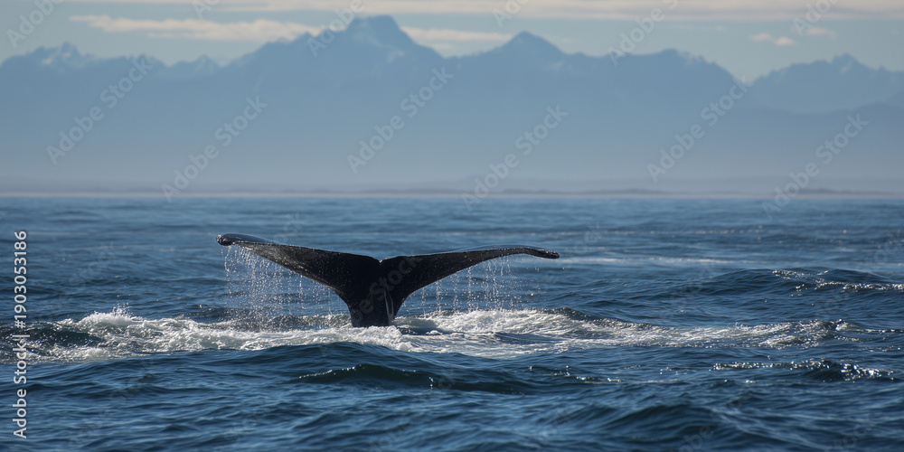 Fototapeta premium Humpback whale tail fluke diving into the ocean at sunset 