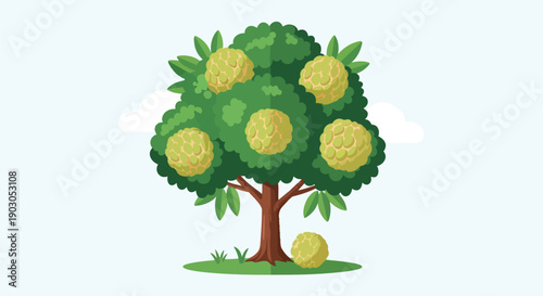 Vibrant illustration of a bountiful custard apple tree laden with ripe, textured fruits under a clear sky a delightful depiction of nature's sweet
