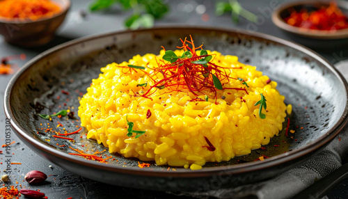 Creamy saffron risotto with vibrant golden rice, delicately garnished with saffron threads and fresh herbs.