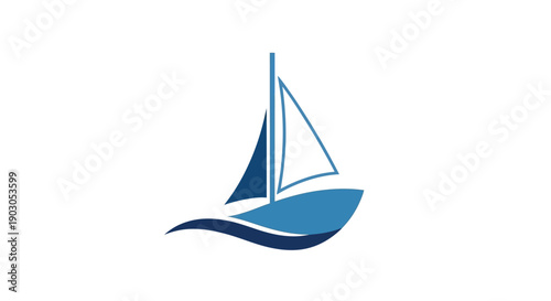Minimalist blue sailboat gliding on calm water.