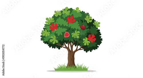 Lush fig tree vector illustration featuring ripe red fruits and abundant green leaves, symbolizing growth and natural bounty. A vibrant botanical