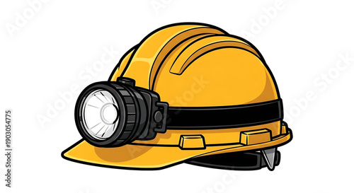 Yellow hard hat with headlamp safety equipment for workers protection and illumination industrial workwear cartoon style white background occupational safety mining equipment