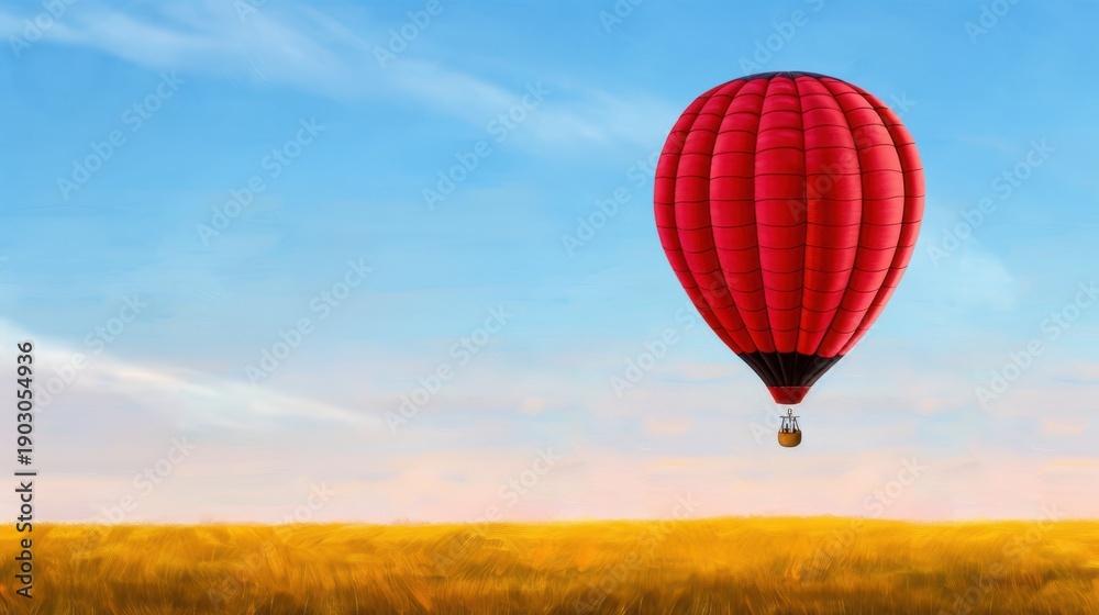 Fototapeta premium Vibrant Red Hot Air Balloon Soaring Against a Clear Blue Sky Over Golden Fields at Sunset