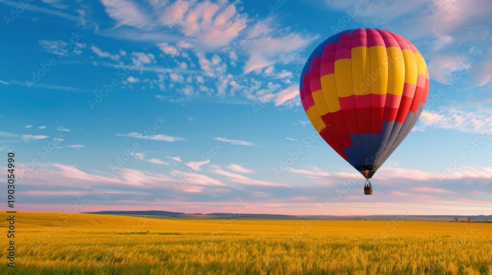 Fototapeta premium Colorful Hot Air Balloon Soaring Over Vibrant Golden Field Under Blue Sky with Fluffy Clouds