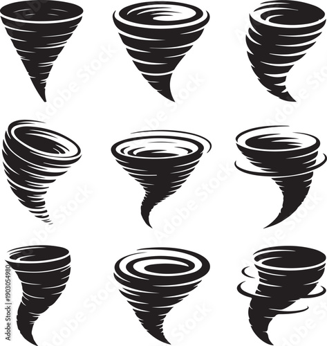 set of black tornado icons in different shapes and sizes