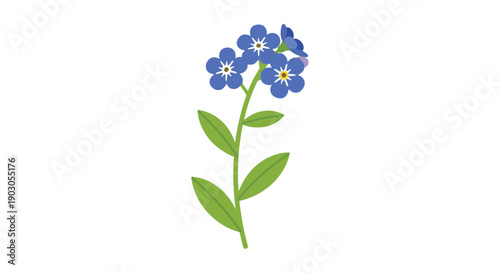 A charming flat design illustration of a slender plant featuring vivid blue flowers with white centers and verdant green leaves against a pristine