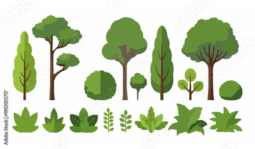 Green trees and bushes flat vector set for natural landscape and ecology illustrations