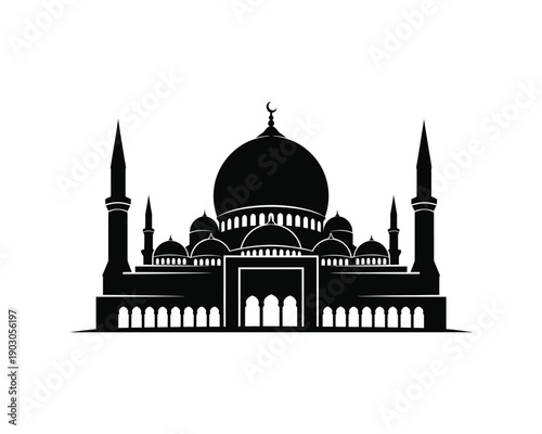 Large central dome mosque vector silhouette illustration design set collection, large dome mosque silhouette, central dome mosque vector illustration, grand mosque silhouette design, islamic 