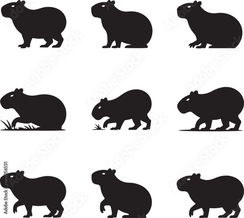 Silhouettes of capybaras in various poses and movements on white background