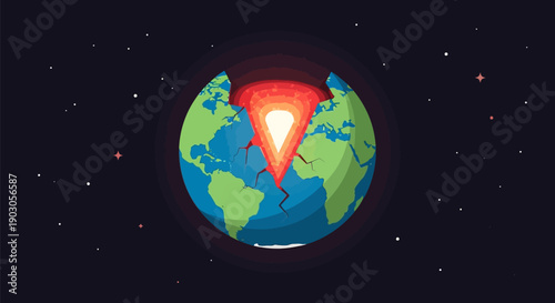Cutaway view of planet earth revealing internal layers of core mantle and crust with continents visible against a dark
