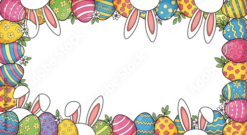 Whimsical cartoon border frame featuring colorful decorated easter eggs and cute white bunny ears peeking playfully around the edges