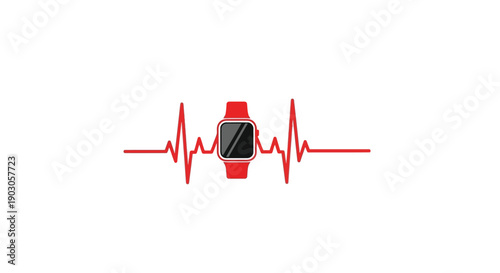 Red Smartwatch with Heartbeat Line on White Background.