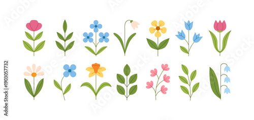 Flat set of spring and summer flowers