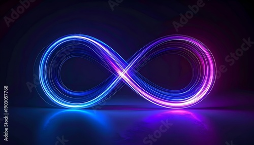 Infinity symbol of blue and pink glowing light trails on reflective surface